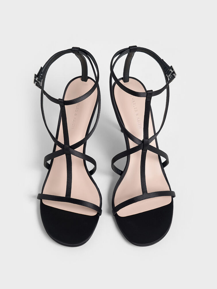 Satin Strappy Stiletto-Heel Sandals, Black Textured, hi-res