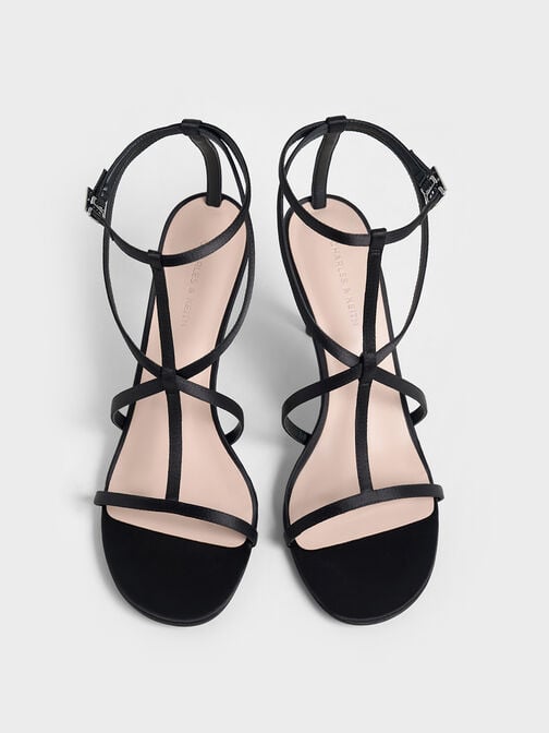 Satin Strappy Stiletto-Heel Sandals, Black Textured, hi-res