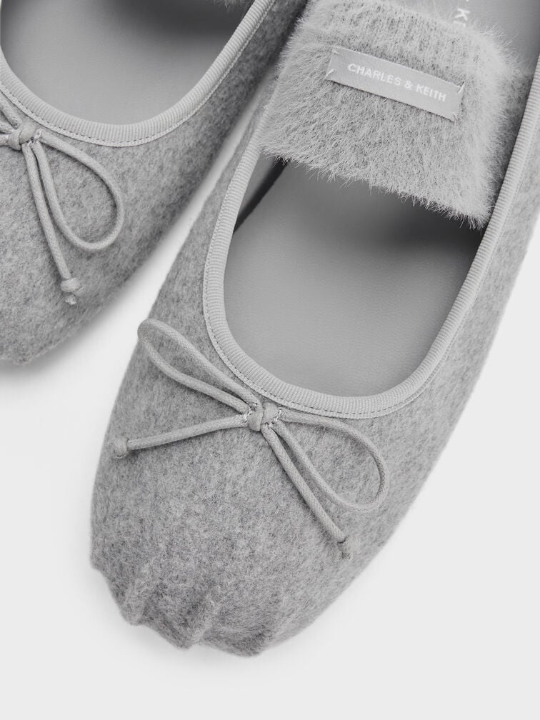 Winona Felt Bow Furry-Strap Mary Jane Flats, Light Grey, hi-res
