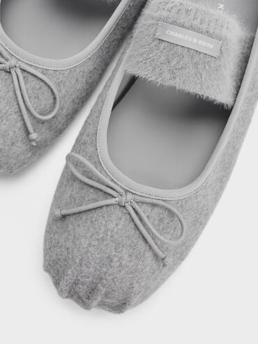 Winona Felt Bow Furry-Strap Mary Jane Flats, Light Grey, hi-res