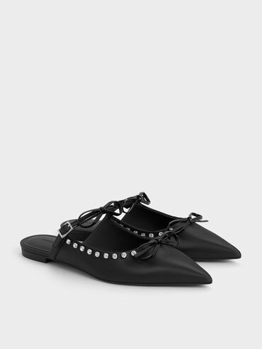 Gem-Embellished Double-Bow Pointed-Toe Mules, Black, hi-res