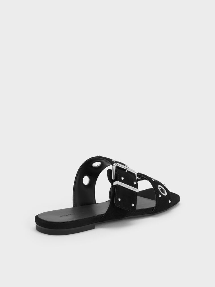 Faux Suede Grommet Buckled Slides, Black Textured, hi-res