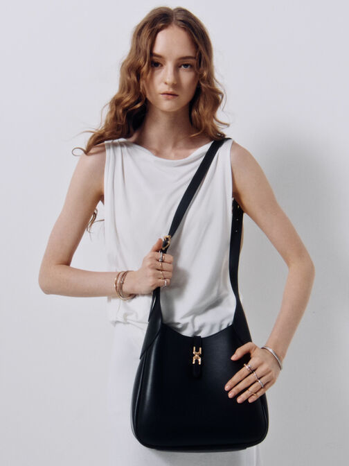 Adalyn Metallic-Buckle Belted Hobo Bag, Black, hi-res