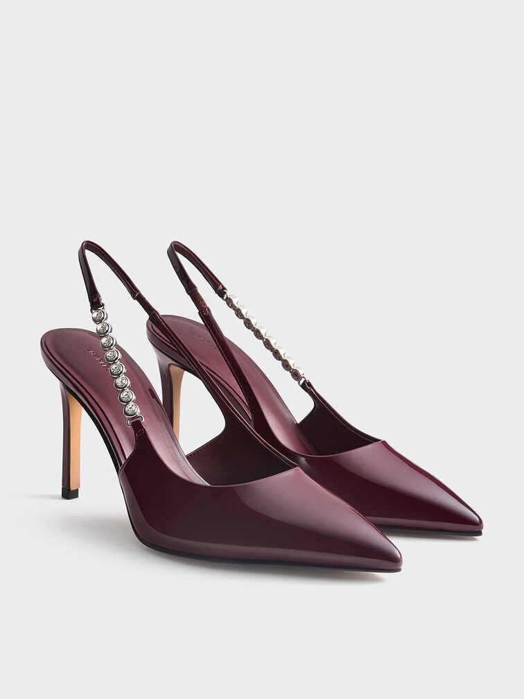 Flores Patent Gem-Strap Slingback Pumps, Burgundy, hi-res