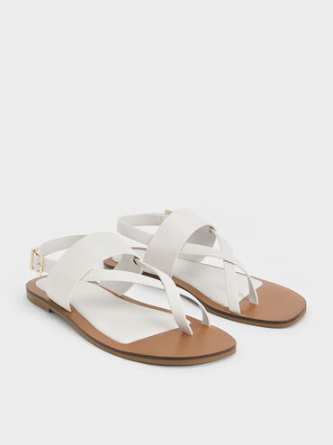 Toe-Ring Crossover-Strap Sandals, White, hi-res