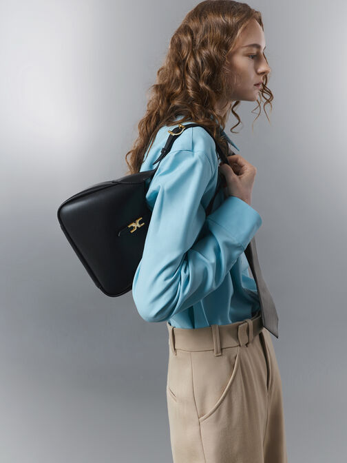 Mini Adalyn Metallic-Buckle Belted Hobo Bag, Black, hi-res