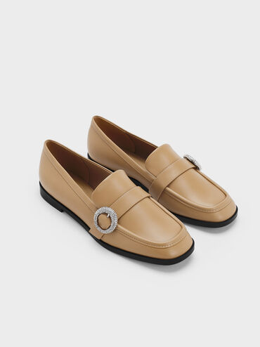 Crystal-Embellished Buckle Loafers, Camel, hi-res