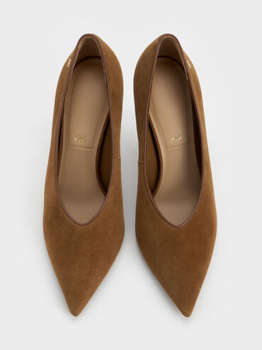 Leather & Suede Pointed Pumps, Brown, hi-res