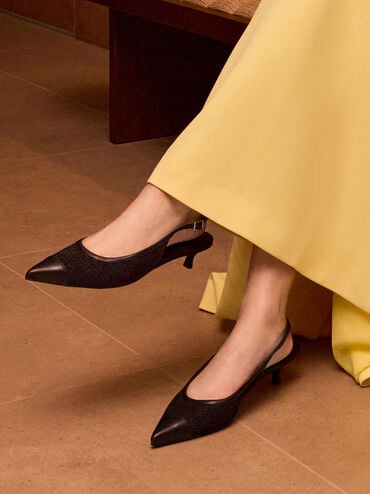 Mesh Cap-Toe Kitten-Heel Pumps, Black Textured, hi-res