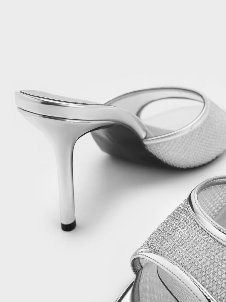 Mesh Metallic Stiletto-Heel Mules, Silver, hi-res