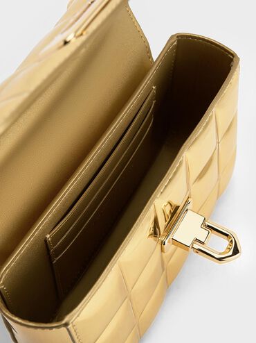 Metallic Square-Quilted Chain-Handle Bag, Gold, hi-res