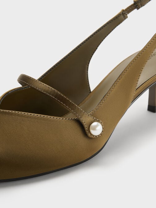 Helena Satin Pearl-Buckle Slingback Kitten Heels, Olive, hi-res