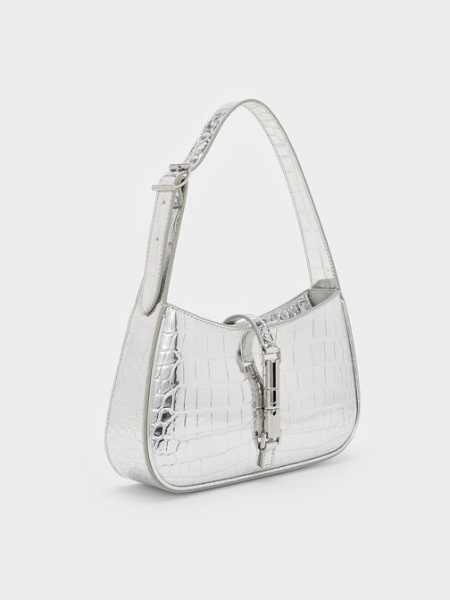 Cesia Croc-Effect Metallic-Accent Shoulder Bag, Silver, hi-res