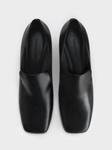 Square-Toe Block-Heel Loafer Pumps, Black, hi-res
