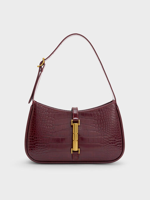 Cesia Croc-Effect Metallic-Accent Shoulder Bag, Burgundy, hi-res