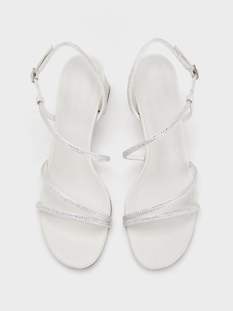 Satin Crystal-Embellished Block-Heel Strappy Sandals, White, hi-res
