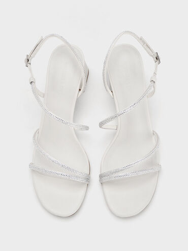 Satin Crystal-Embellished Block-Heel Strappy Sandals, White, hi-res