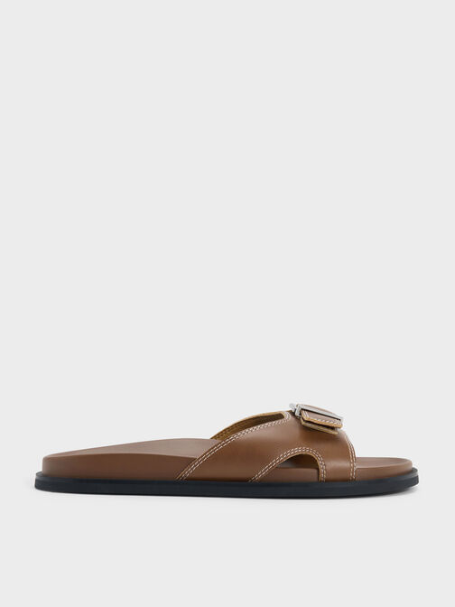 Stitch-Trim Buckled Slides, Cognac, hi-res