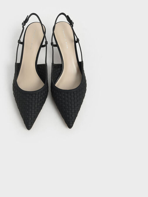 Woven Slingback Pumps, Black, hi-res