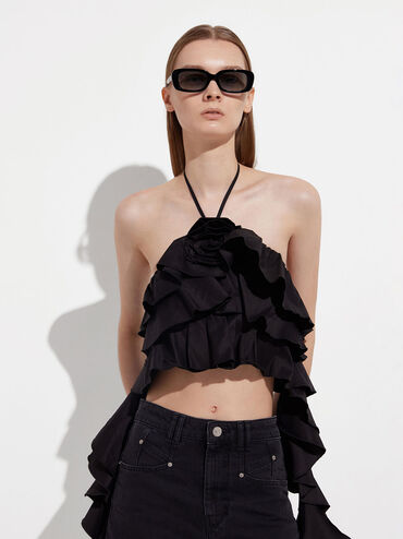 نظارة شمسية أوبري مستطيلة أسيتات مُعاد تدويره, أسود, hi-res