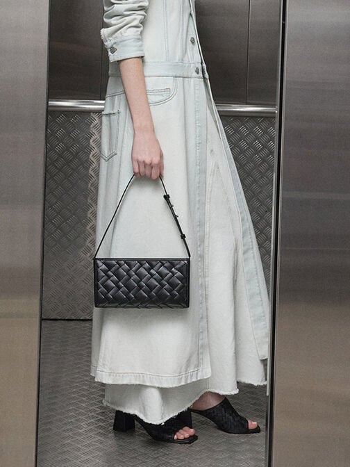 حذاء ميول إيفيت بكعب عالٍ وتصميم منسوج ومقدمة مربعة, أسود, hi-res