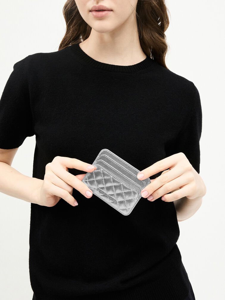 Cleo Metallic Quilted Card Holder, Silver, hi-res