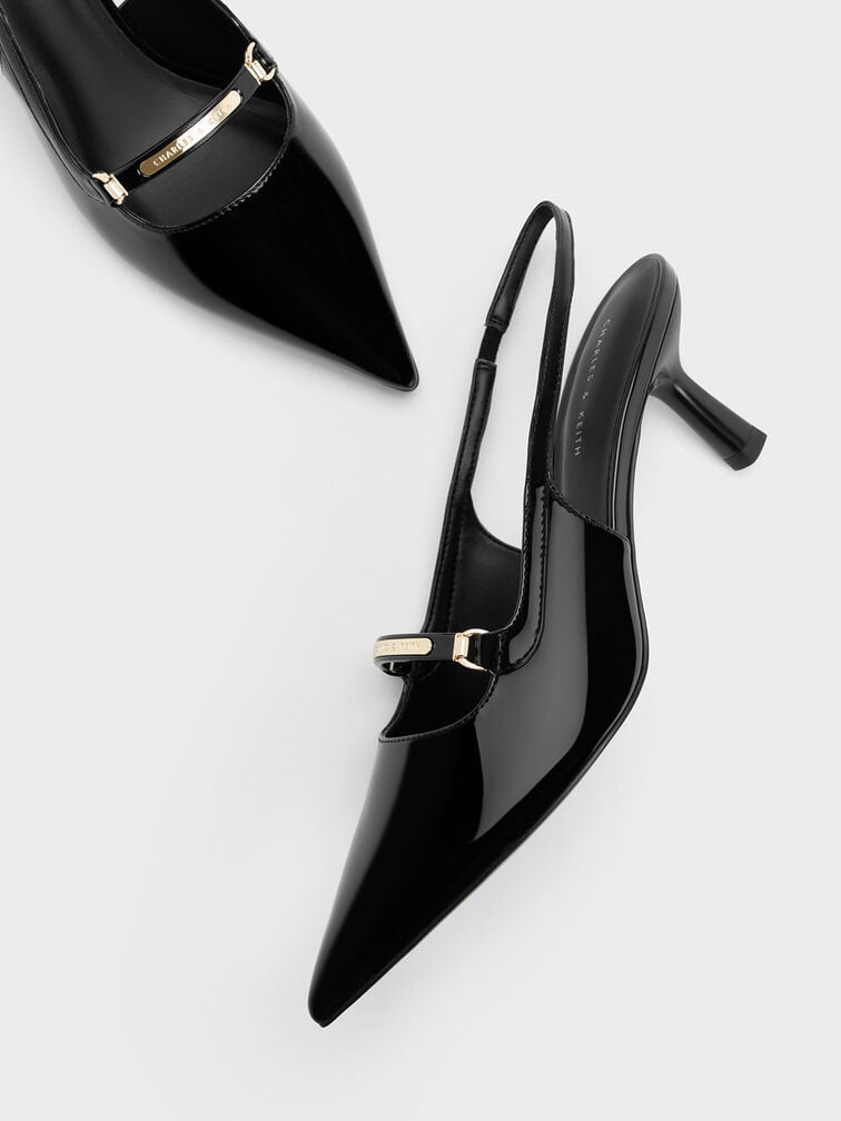 Patent Metallic Accent Slingback Pumps, Black Patent, hi-res