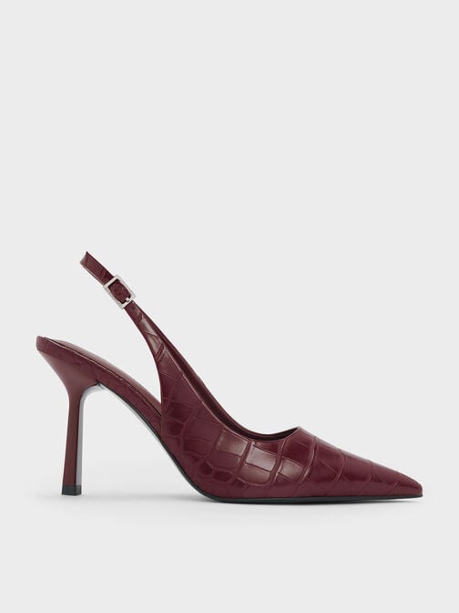 Croc-Effect Pointed-Toe Slingback Pumps, Animal Print Burgundy, hi-res