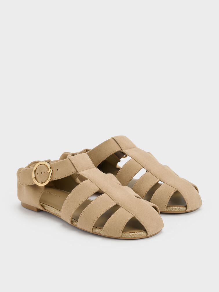 Faux Suede Caged Flat Espadrilles, Sand, hi-res