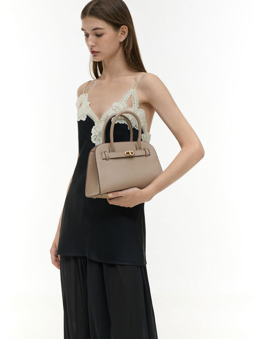 Aubrielle Belted Tote Bag, Taupe, hi-res
