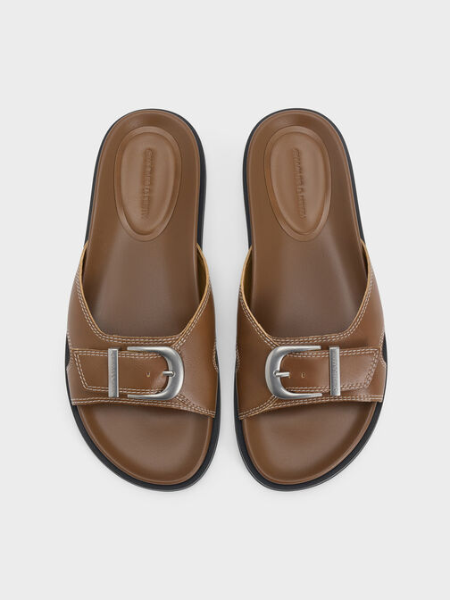 Stitch-Trim Buckled Slides, Cognac, hi-res