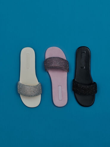 Faux Suede Crystal-Embellished Slide Sandals, Chalk, hi-res