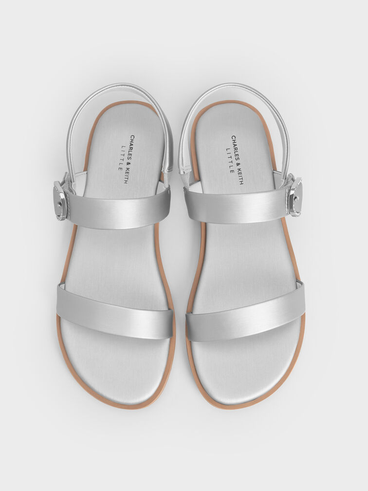 صنادل للبنات بحزام مزدوج سلينجباك مفتوح من الخلف وإبزيم كريستالي ولمعة اللؤلؤ, فضي, hi-res