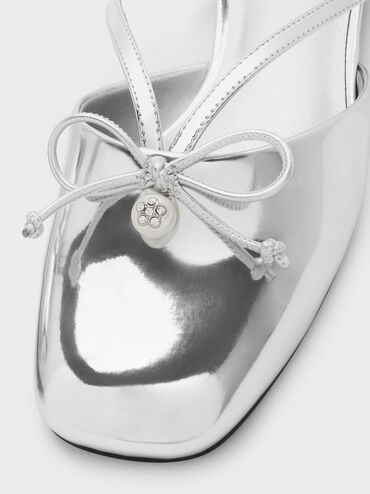 Metallic Pearl-Accent Bow Flat Mules, Silver, hi-res
