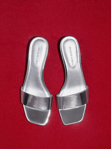 Metallic Cone-Heel Mules, Silver, hi-res