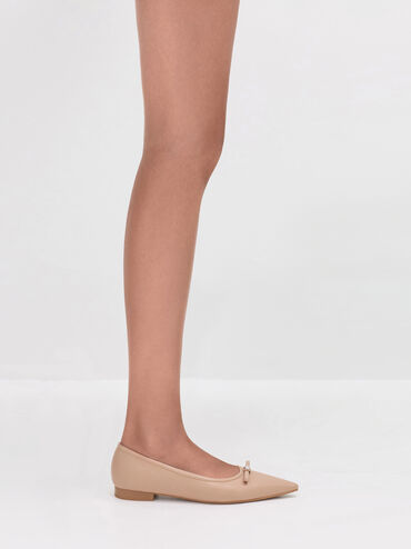 Bow Pointed Ballet Flats, Nude, hi-res