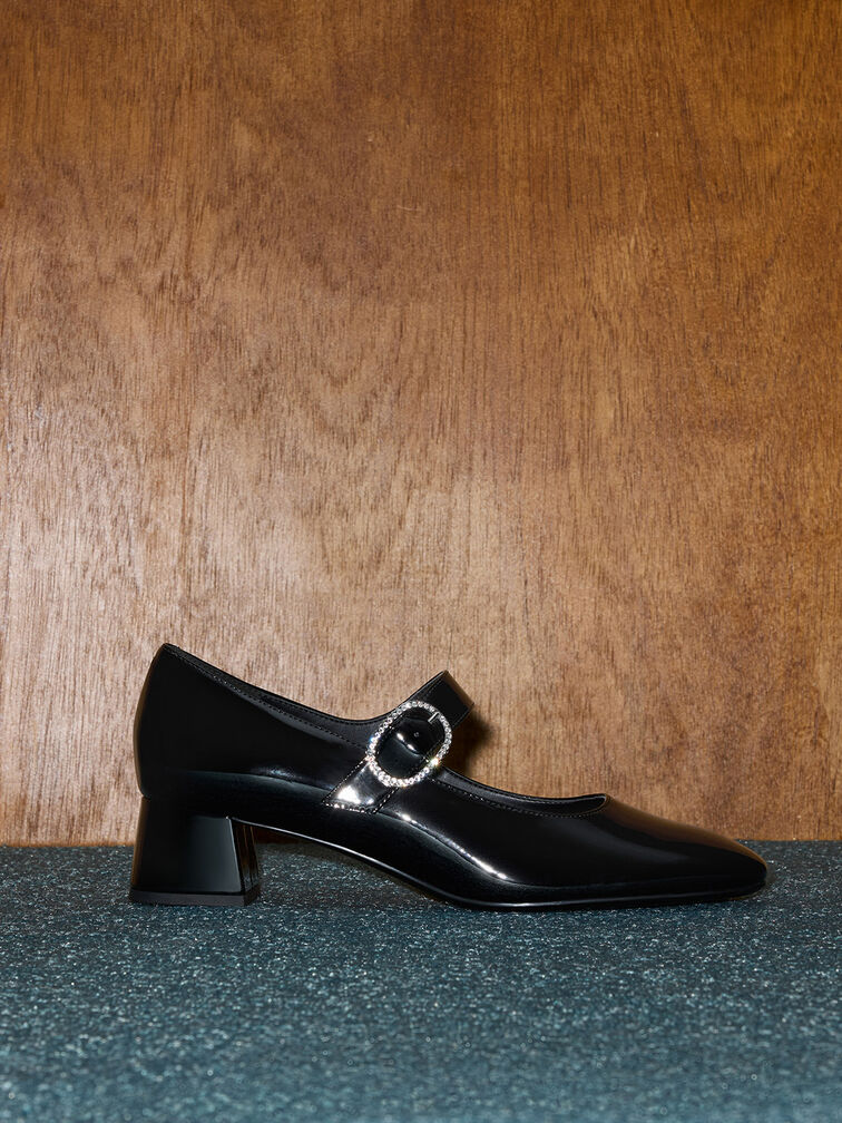 حذاء جاني من الجلد اللامع بكعب وتصميم ماري جين وإبزيم مرصع بالكريستال, أسود براق, hi-res