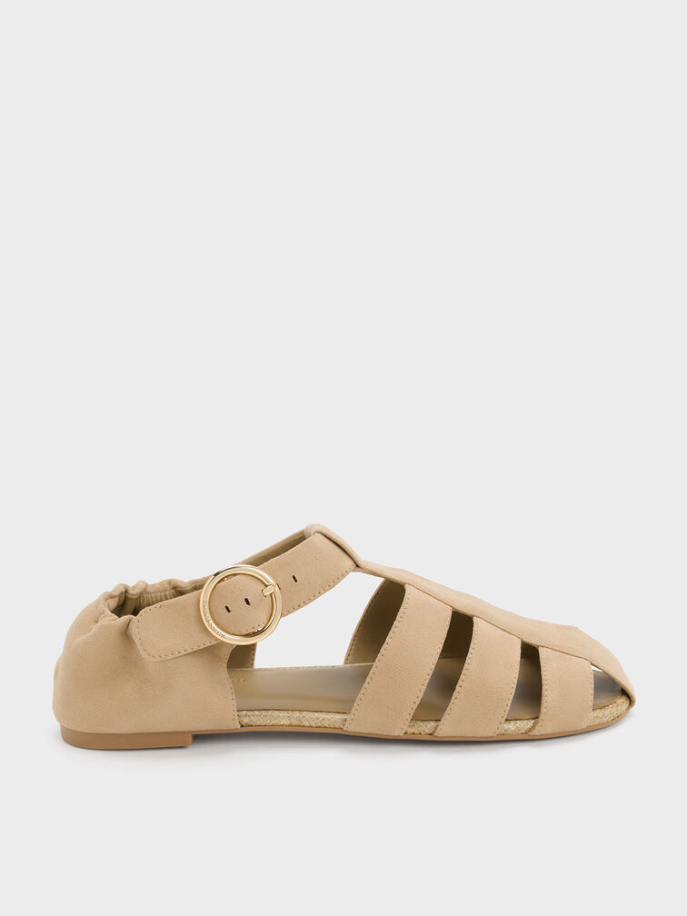 Faux Suede Caged Flat Espadrilles, Sand, hi-res