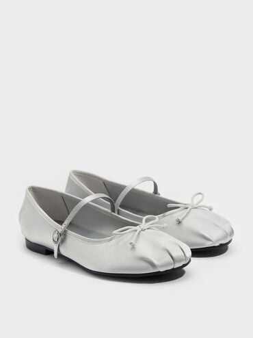 Emiko Satin Bow Mary Jane Flats, Silver, hi-res