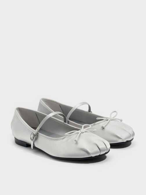 Emiko Satin Bow Mary Jane Flats, Silver, hi-res