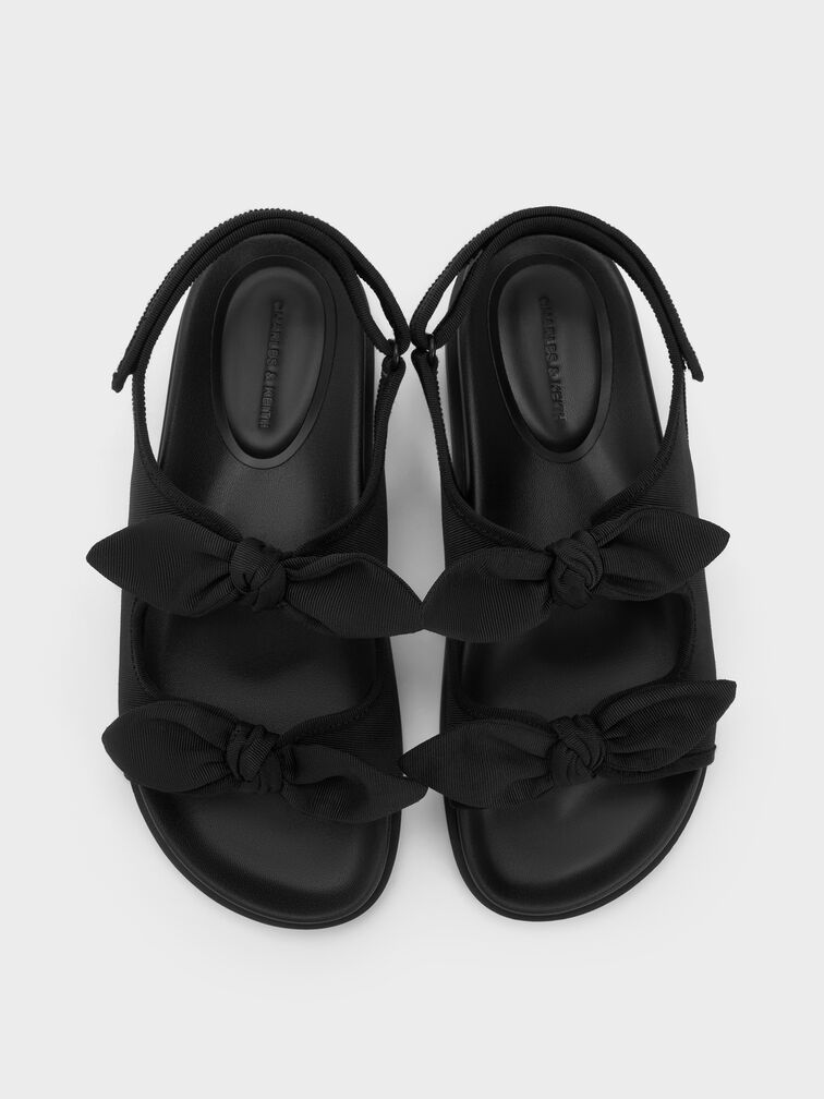 Silk Knot-Bow Double-Strap Slingback Sandals, Black Textured, hi-res