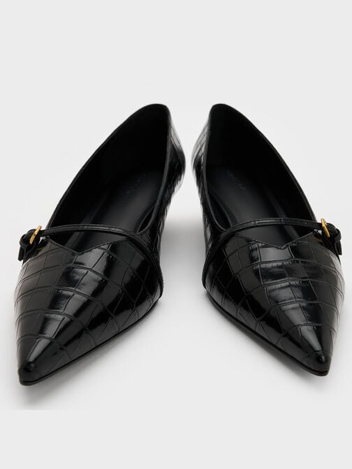 حذاء بكعب القطة ومقدمة مدببة وتصميم مزين بإبزيم ونقشة جلد التمساح, أسود حيواني, hi-res