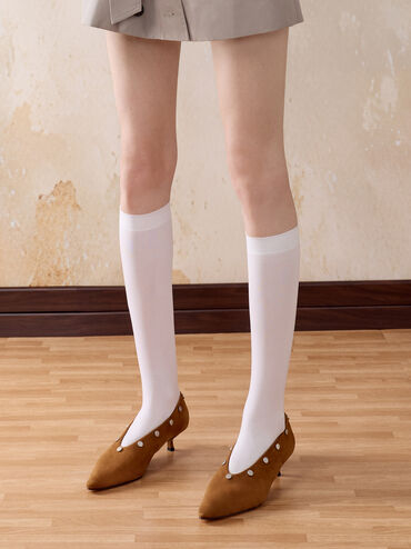 Gael Faux Suede Studded Convertible Kitten-Heel Knee-High Boots, Brown, hi-res