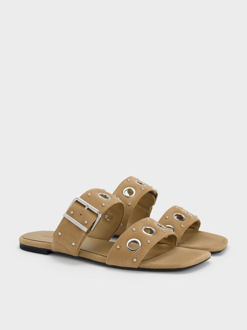 Faux Suede Grommet Buckled Slides, Sand, hi-res
