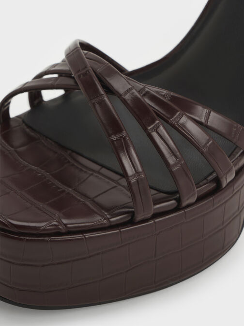 صندل جورجينا بتأثير جلد كروك بحزام كاحل بكعب بلاتفورم, بني حيواني, hi-res