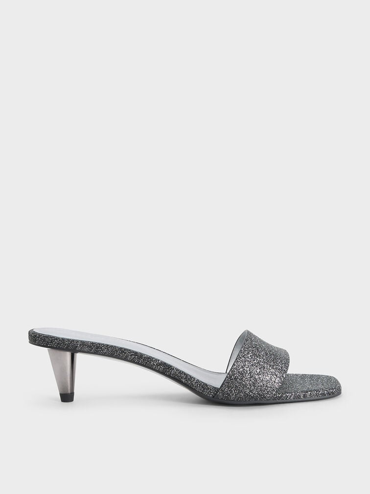 Glittered Cone-Heel Mules, Black Textured, hi-res