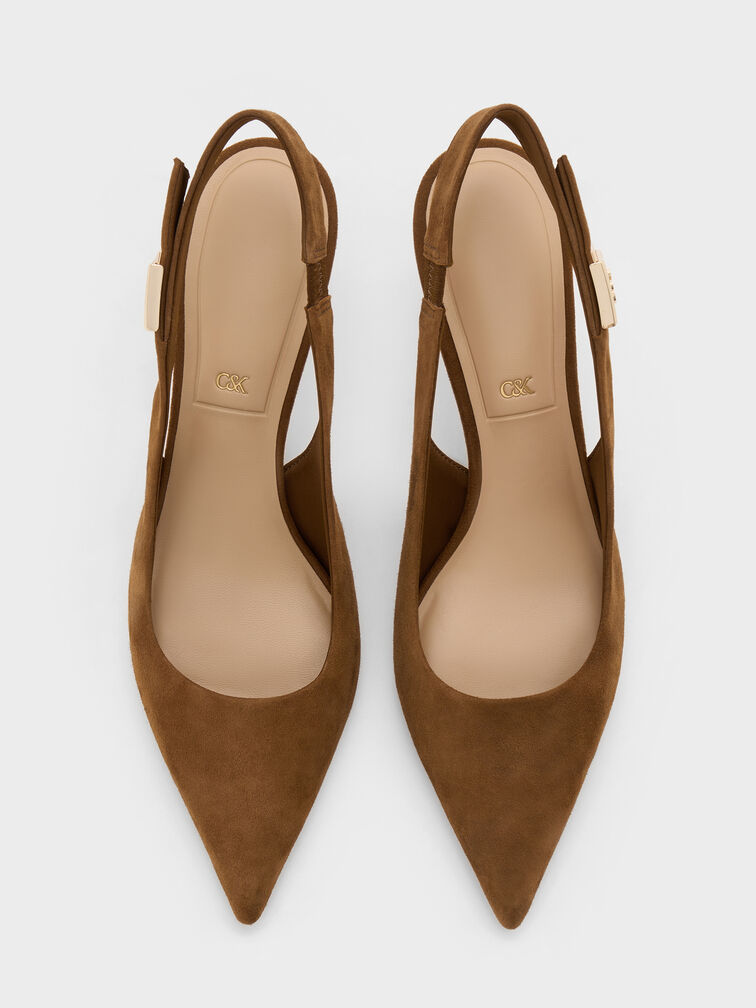 Cody Suede Pointed-Toe Kitten-Heel Slingback Pumps, Brown, hi-res