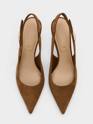 Cody Suede Pointed-Toe Kitten-Heel Slingback Pumps, Brown, hi-res