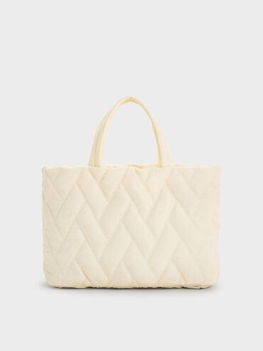 حقيبة توت من النايلون بنقشة شيفرون وتصميم صندوقي, كريم, hi-res