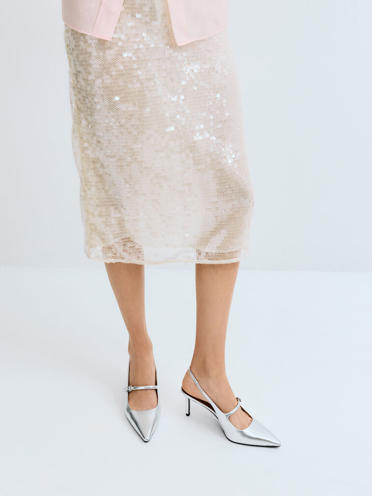 حذاء ماري جين معدني بمقدمة مدببة وسير خلفي, فضي, hi-res